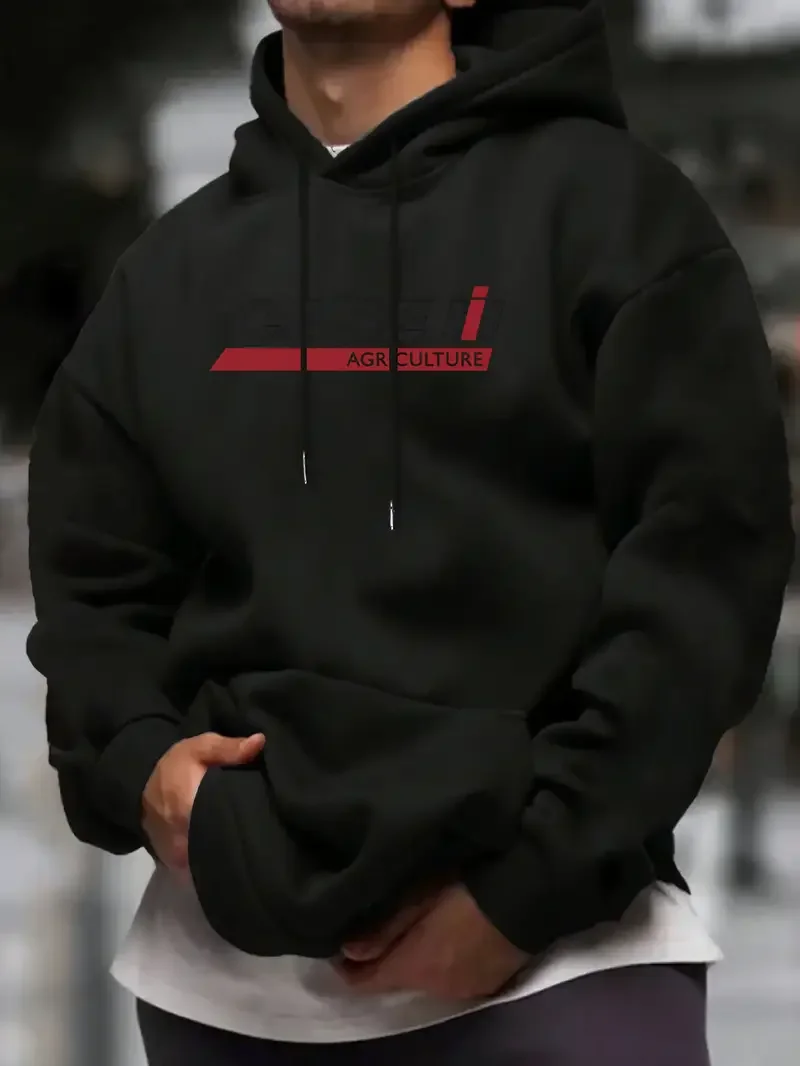 Men's Heavy Hooded Sweater with Case IH Tractor Pattern Printing, Agricultural theme Pullover, Kangaroo Pocket and Drastring Hoo