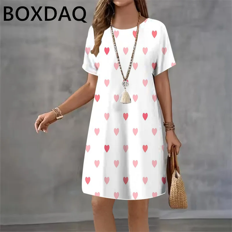 Valentine's Day Style 3D Heart Pattern Printed Dress Summer Short Sleeve O-Neck Casual Mini Dress for Women Sweet Style Dress