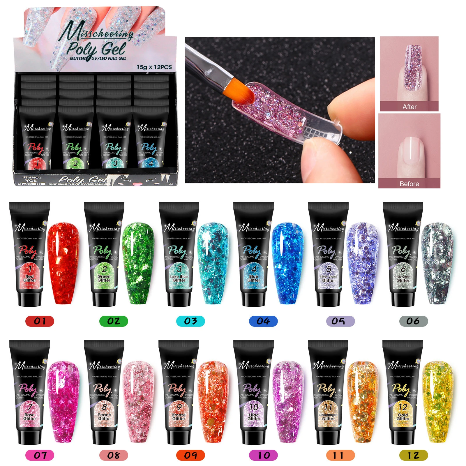 

15ML Glitter Poly Nail Gel Hema Free Pink Glitter Acrylic Gel Finger Extension Nail Gel Semi-Permanent Nail Varnish For Manicure