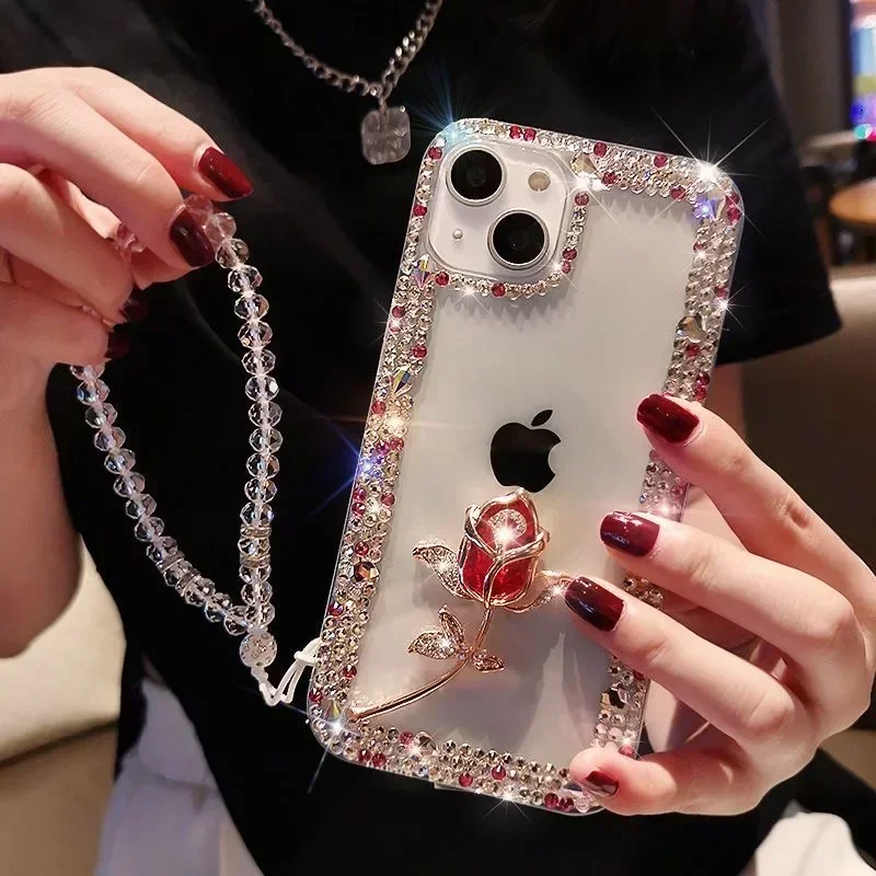 Diamond Bling Phone Cases for iPhone16 15Pro, 14Plus, 13 Pro, 12 Mini, 16Pro MAX, Rhinestone Cover, Glitter Rose