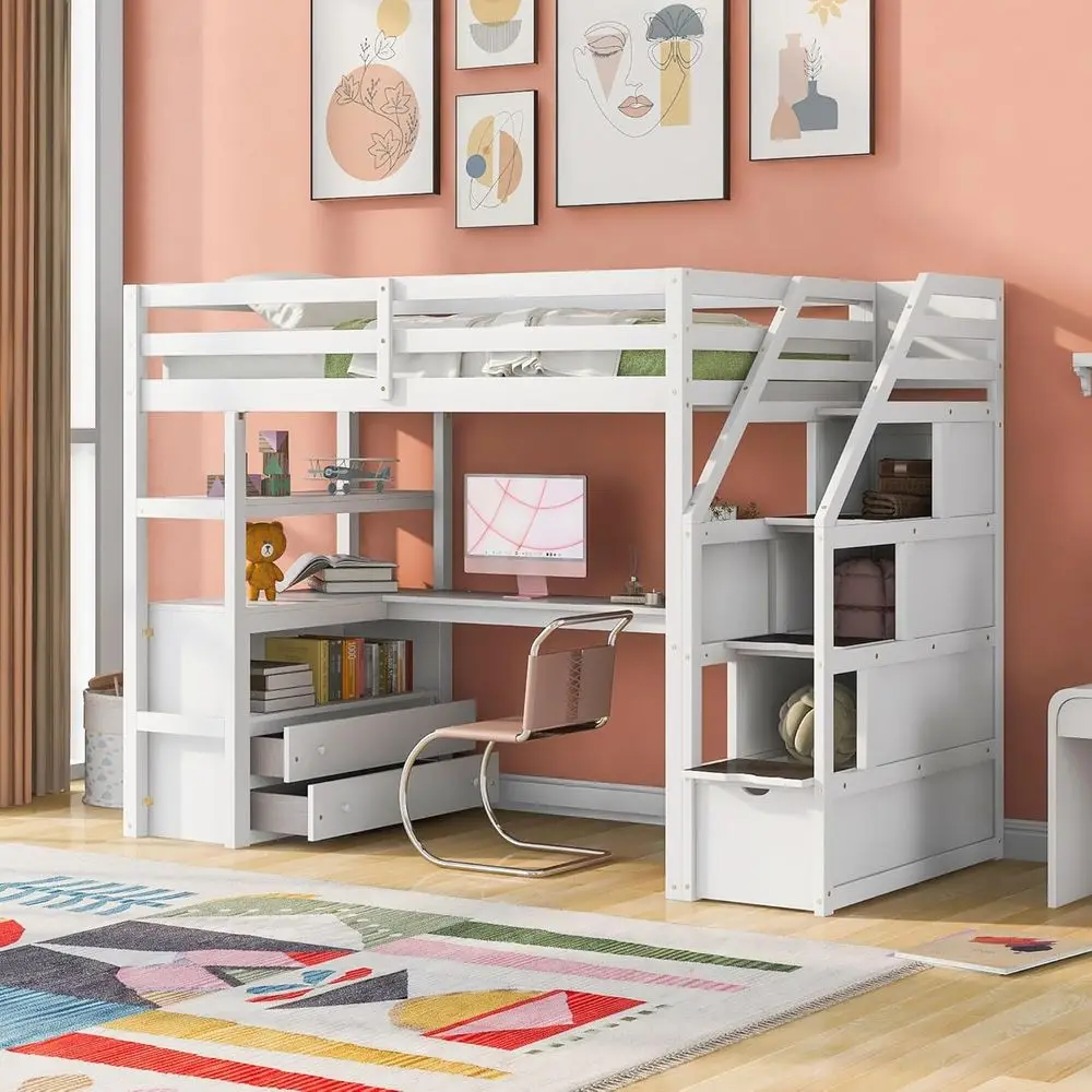 

White Solid Wood Loft Bed with Storage Stairs, Desk, and Bookcase for Kids, Teens, and Adults