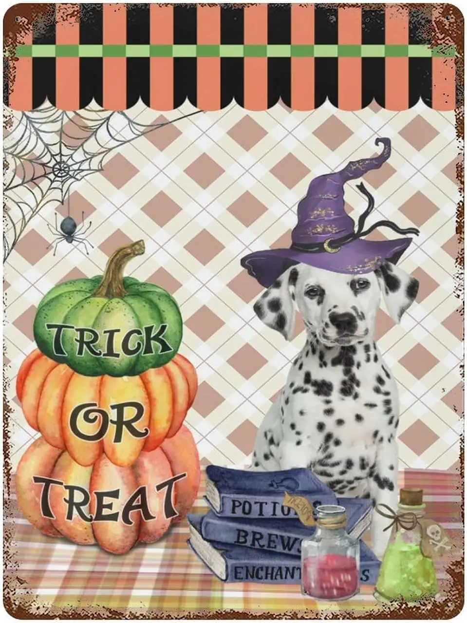 Outdoor Signs and Decor Trick Or Treat Metal Tin Sign  in Cute Dog Witch Hat Happy Halloween Pumpkin Vintage Alumi