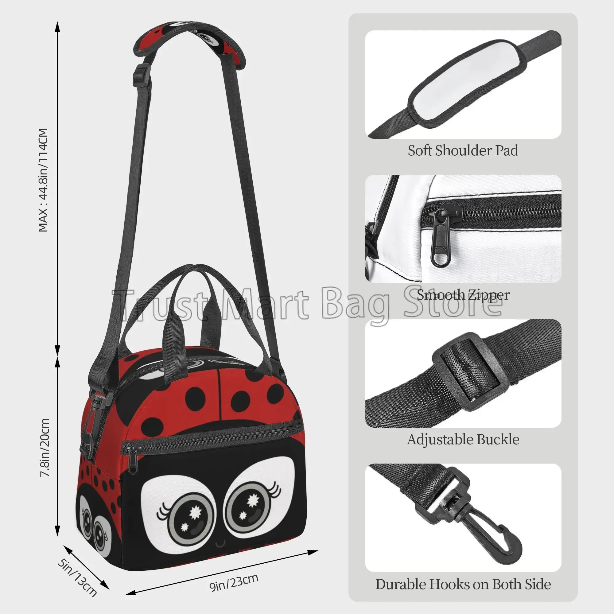 Cute Cartoon Ladybug Insulated Lunch Bags for Children Women School Work Picnic Reusable Portable Thermal Bento Box with Strap