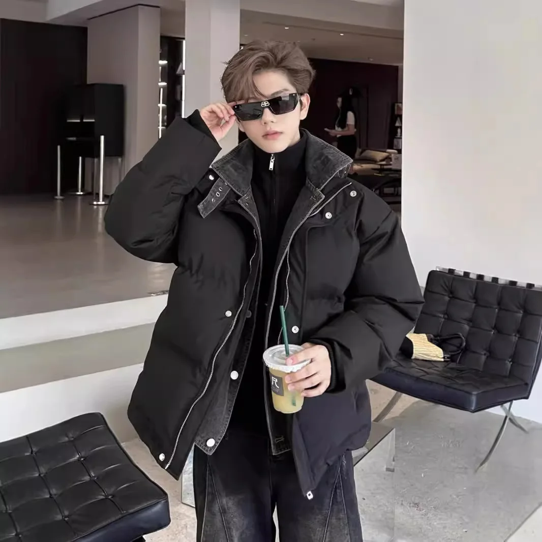 Men Denim Patchwork Coats Stand Collar Parkas Jackets Zipper Pocket Buttons Long Sleeves Thick Loose Casual 2025 Autumn Winter