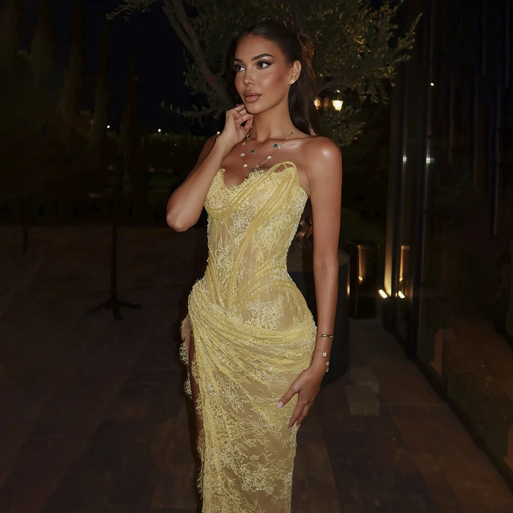 

Изысканные кружевные вечерние платья по индивидуальному заказу, платья без рукавов с разрезом по бокам, платье без бретелек высокого качества, Vestidos