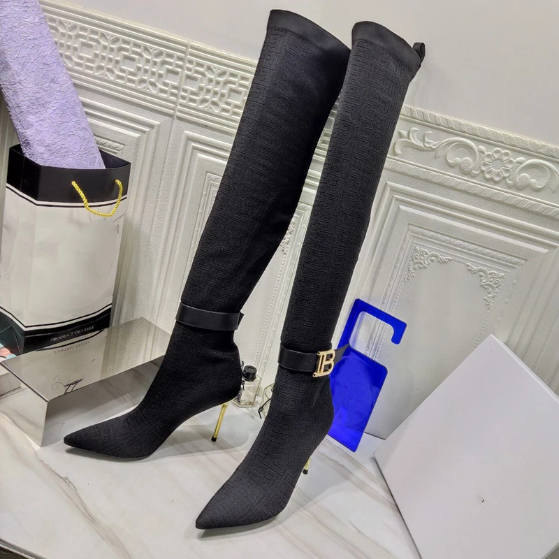 Stretch Fabric Women Over The Knee Boots Luxury Metal Button Designer Shoe Sexy Pointed Mixed Color Thigh High Heels Botas Mujer