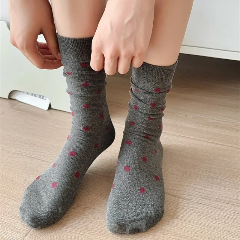 Red Gray Socks Women 2024 Autumn Winter New Harajuku Vintage Long Socks Polka Dot Retro Bow Embroidery Lolita Kawaii Ruffle Sock