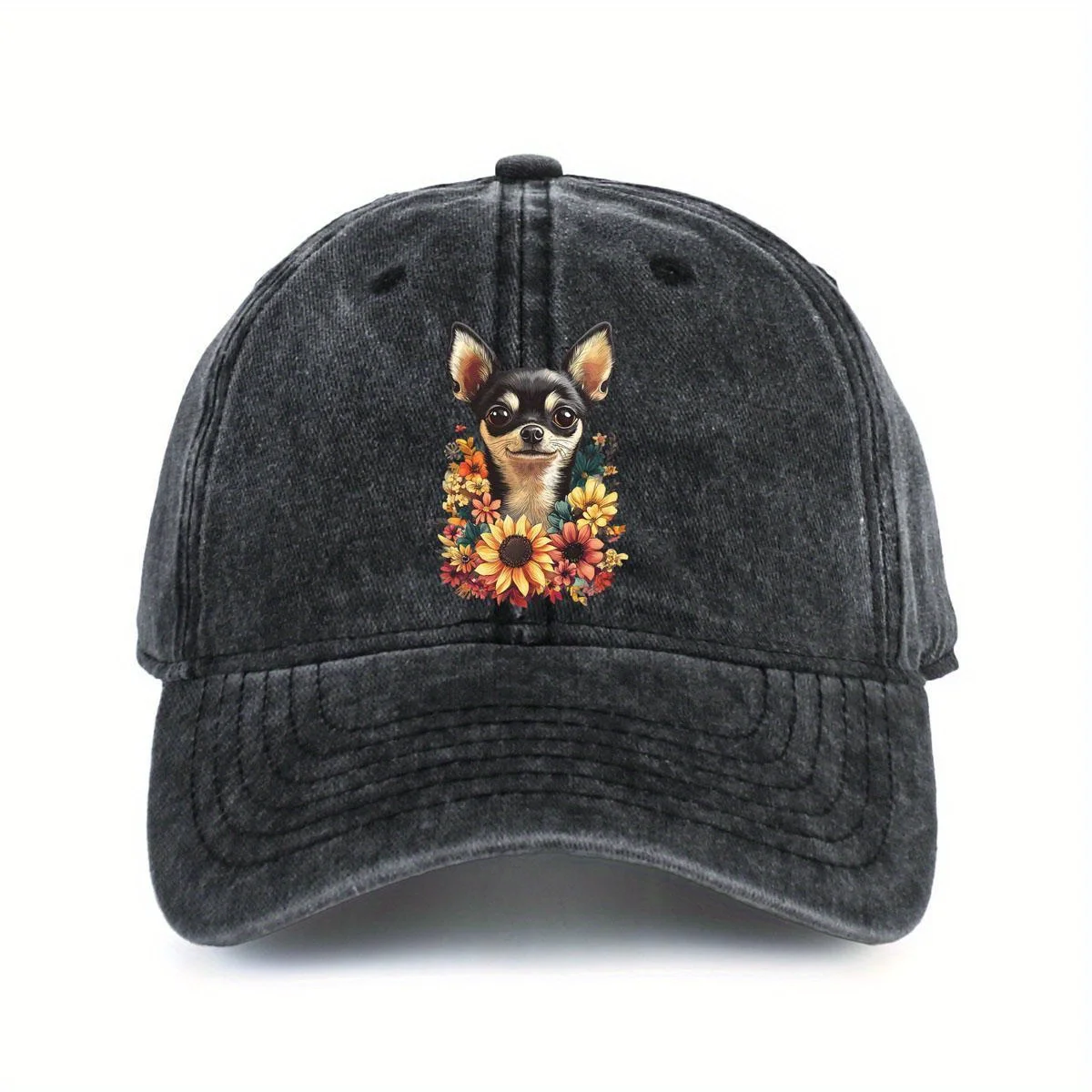

Хлопковая бейсболка с принтом собаки чихуахуа и подсолнуха, регулируемая повседневная летняя солнцезащитная шляпа унисекс