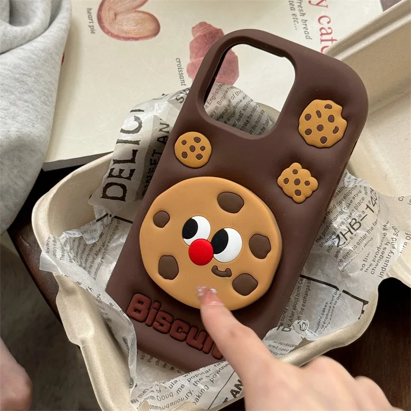 3D niedliche Cartoon-Schokoladenkekse-Halterung, weiche Silikon-Handyhülle für iPhone 16, 15, 14, 13, 12, Pro Max, stoßfeste Schutzhülle