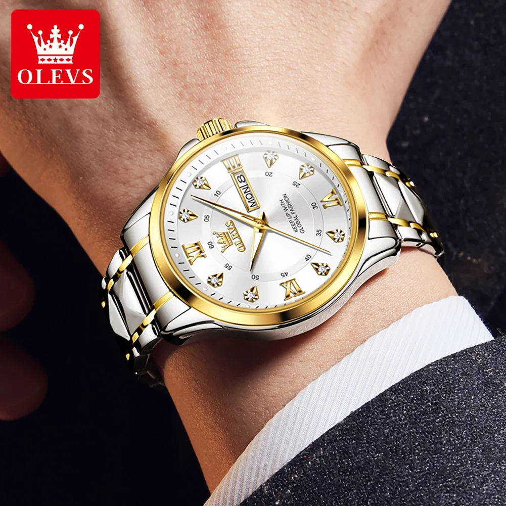 OLEVS 2906 Fashion Quartz Watch For Men Women Diamond-set Dial Luminous Calendar Window Week Date 30m Waterproof Watch