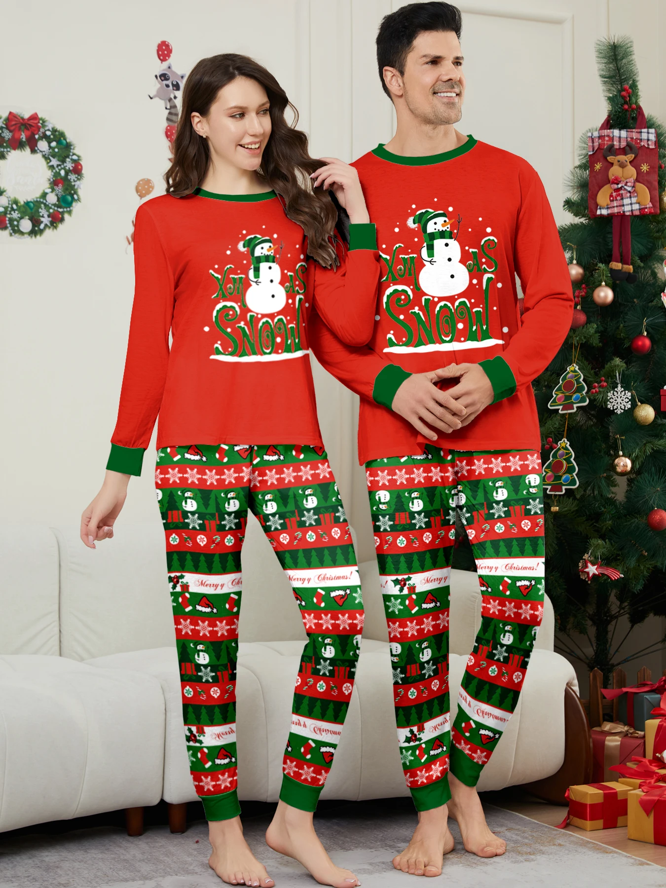 Merry Christmas Family Matching Outfits Mother Kids Clothing Snowman Print Pajamas Set 2 Pieces Suit Sleepwear Xmas Look Pijamas