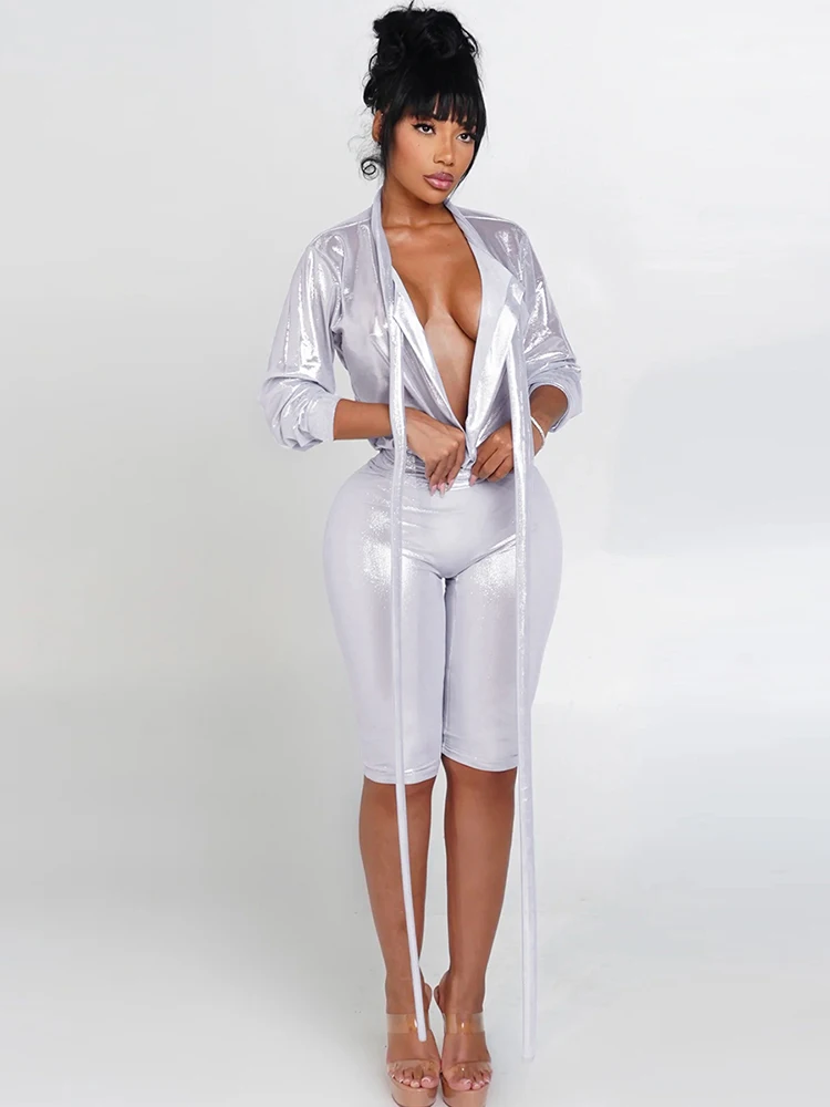 

Cutenew сексуальный хипстерский комплект из 2 предметов, женские укороченные топы с шелковистой блестящей лентой + велосипедные шорты, одинаковые вечерние клубные наряды