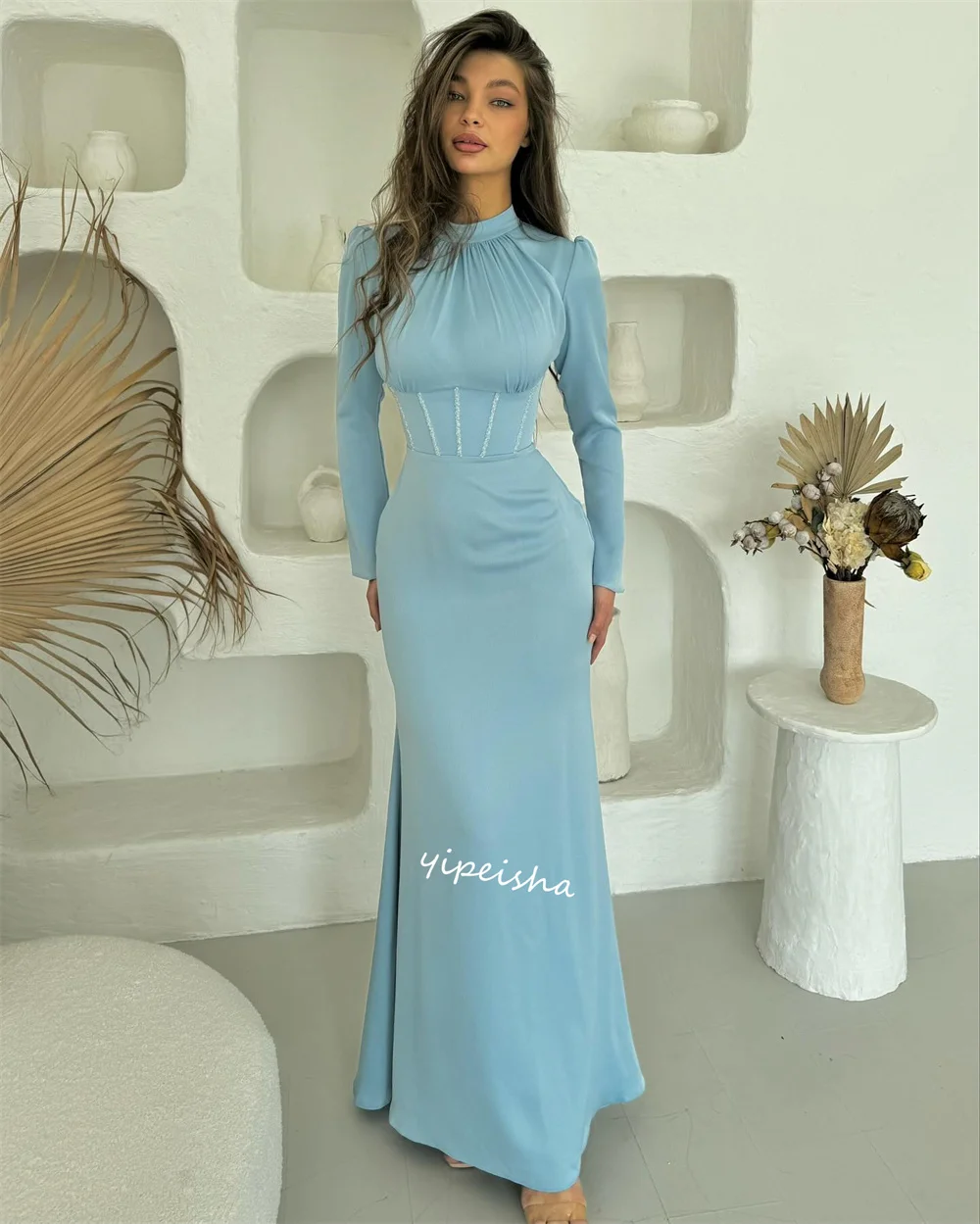 Jiayigong High Quality Sparkle  Satin Beading Pleat Wedding Party A-line High Collar Bespoke Occasion Gown Midi Dresses  