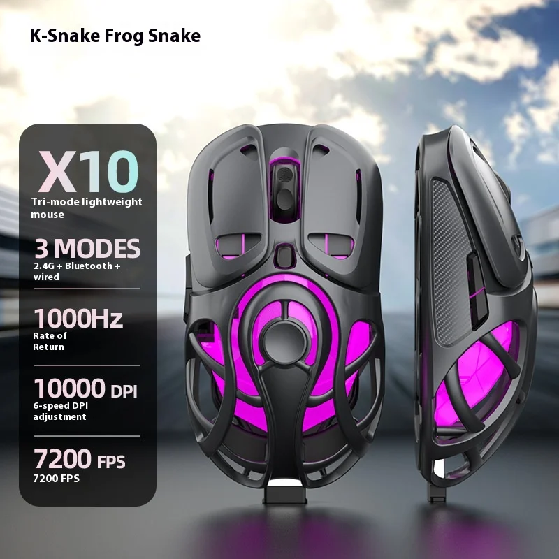 2025 K-Snake X10 Personalizado Três Modos Sem Fio HOLLOW OUT Gaming Mouse Leve Bluetooth Escritório 1000HZ RGB Luz 400mah