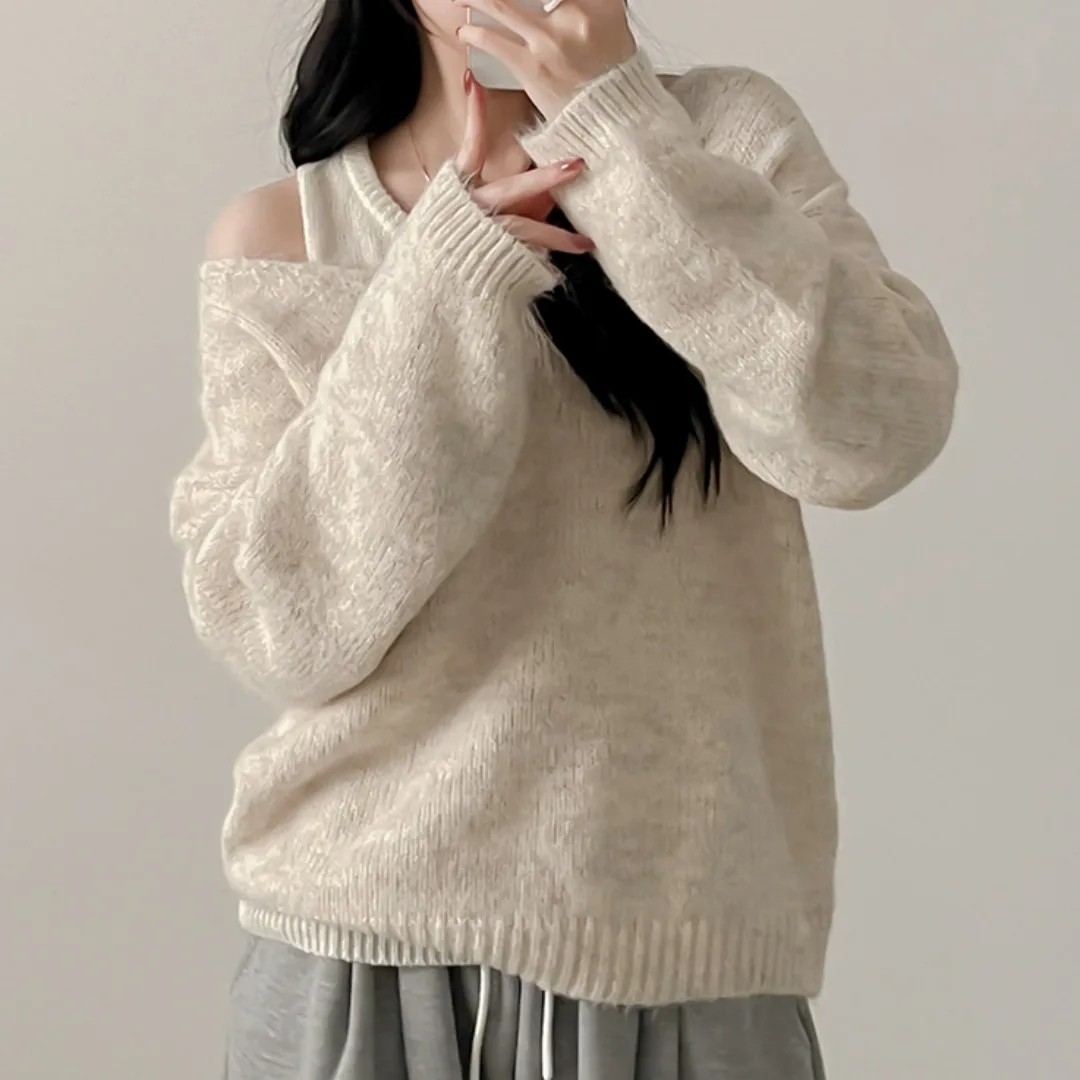 

Chic Autumn Winter V-Ne Knitted Sweater oulder-Bared Casual Loose Two-Piece Set Korean Sle Long Sve Thermal Outerwear