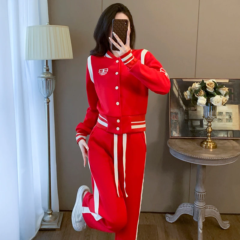 New single piece pants, single piece top with red standing collar long sleeves, women's spring and autumn sports pants