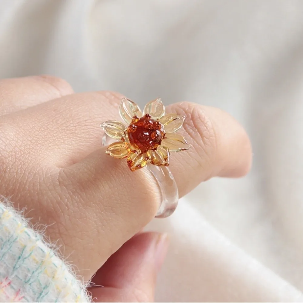 Sunflower Handmade Glass Four-leaf Clover Ring Cute Exquisite Flowers Finger Ring Fashion Elegant Coloured Glaze Ring Hipster