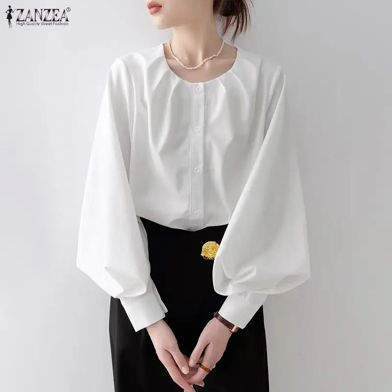 

ZANZEA Fashion Shirts Women Lantern Sleeve Long Sleeve Buttons Solid Elegant Blouse 2026 Spring Casual Tops Pleated Work Blusas