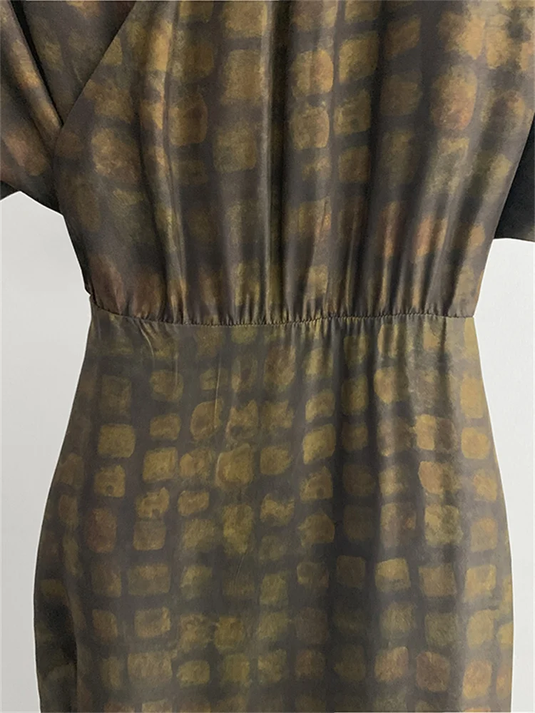 فستان كوبرو نسائي عتيق منقوش موديل 100% فستان ميدي للخصر أنيق للسيدات برقبة على شكل حرف v وأربطة وأكمام قصيرة وأردية طويلة