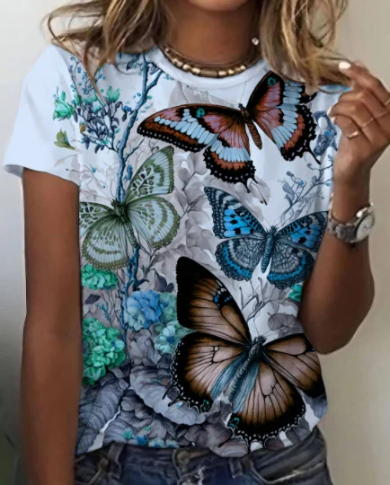 2026 Summer Fashion Trendy Fun Colorful Butterfly Beautiful Outdoor Hip Hop T-shirt Casual Loose Beach T-shirt Sports Large Size