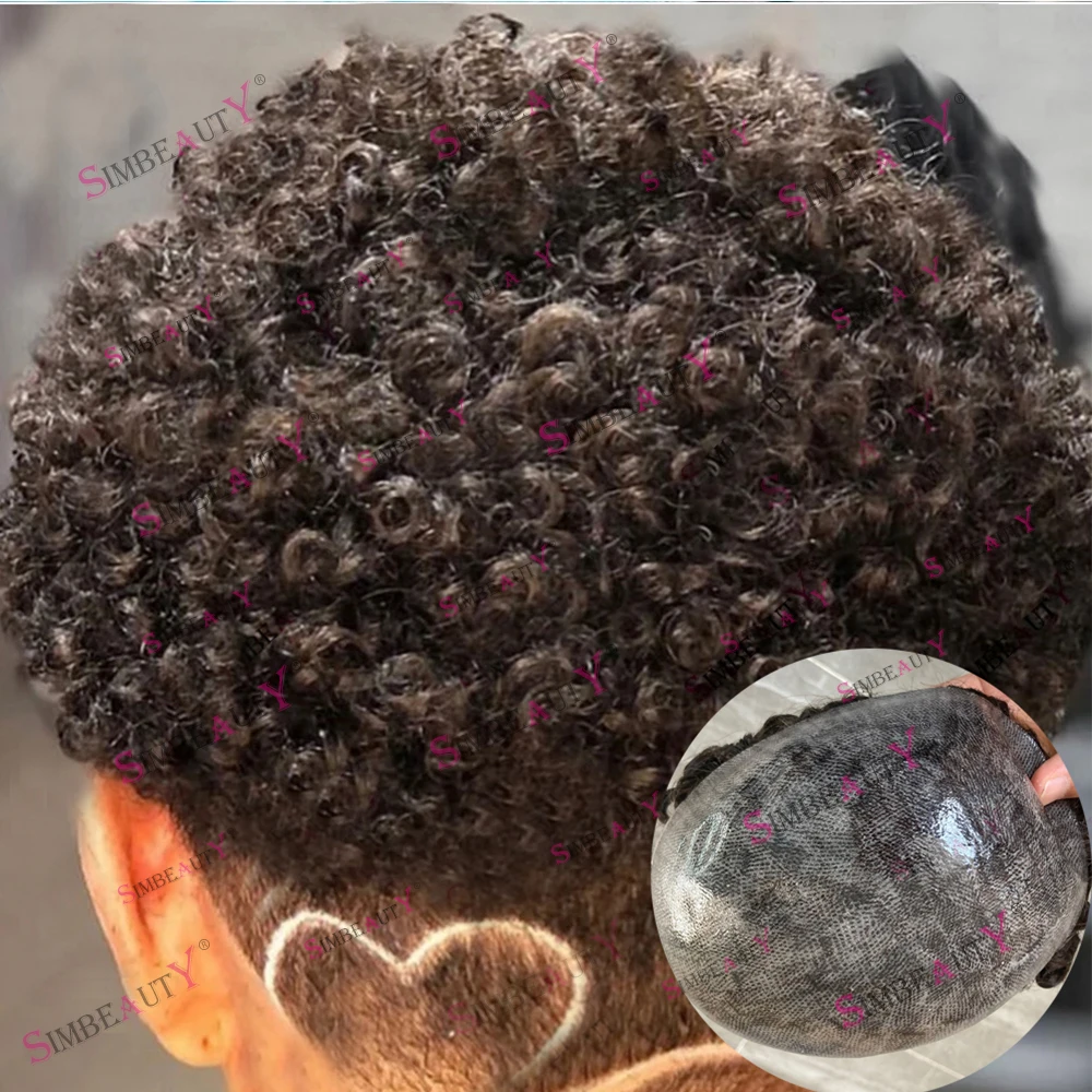 8mm Afro Kinky Curly Durable Full Skin PU Male Hair Prosthesis 100% Human Hair Natural Hairline Mens Toupee Wigs System Unit