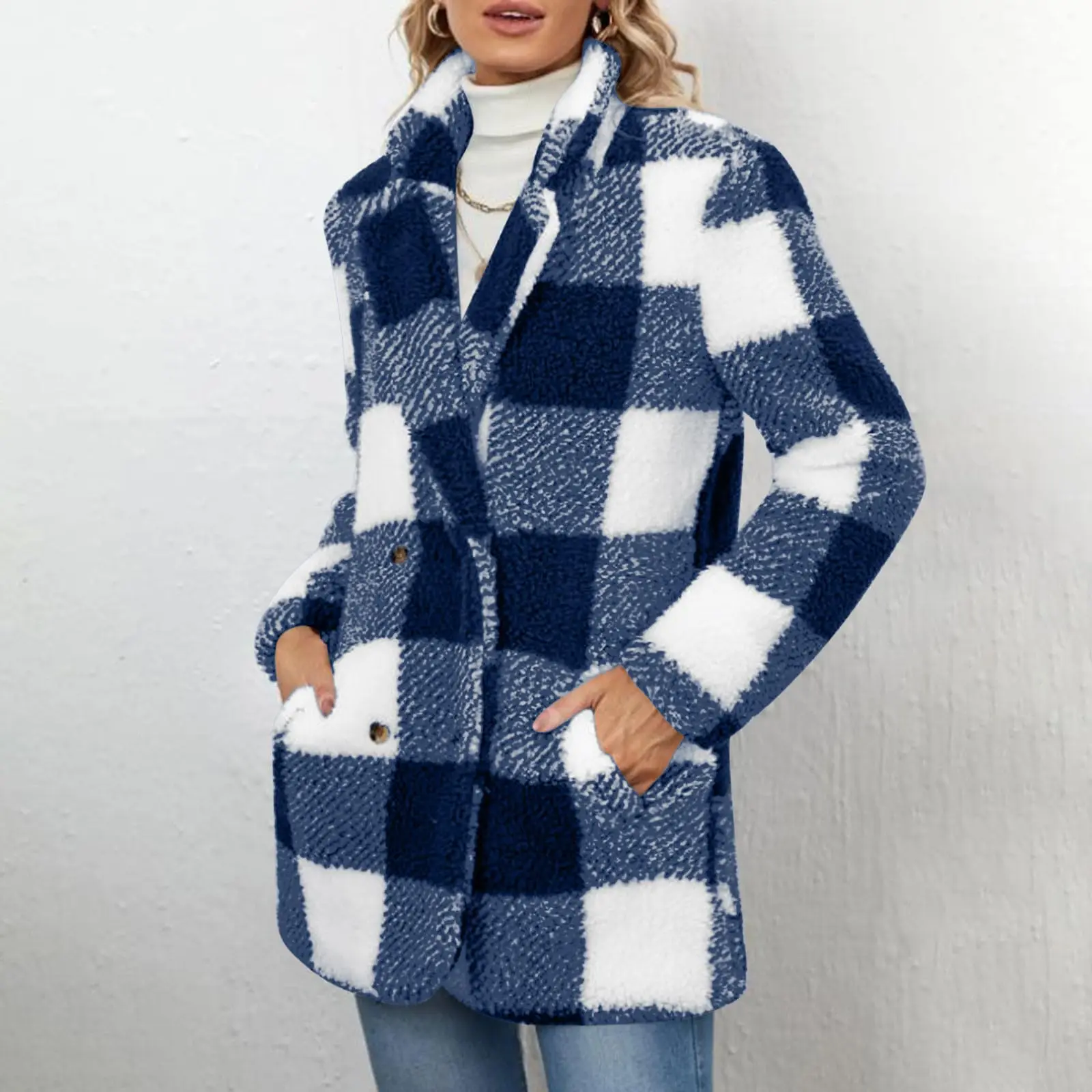 

Зимняя женская клетчатая плюшевая удобная теплая куртка-кардиган с лацканами, повседневная куртка, подходящая для повседневной носки на открытом воздухе