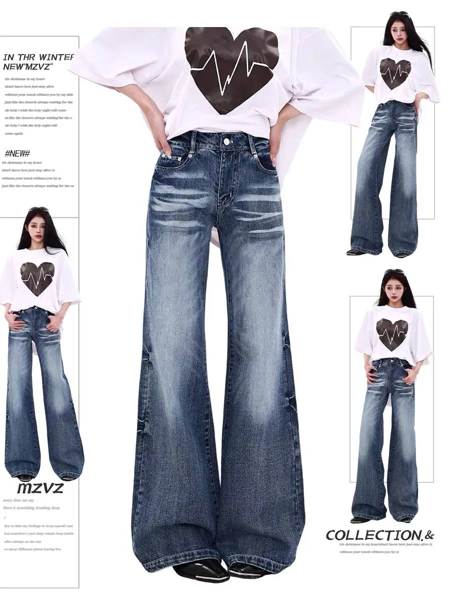 

American Style High Waist Wide Leg Denim Jeans Women's Spring Summer Thin Small Size Drapey Washed out Old Fashioned Floor-Le...