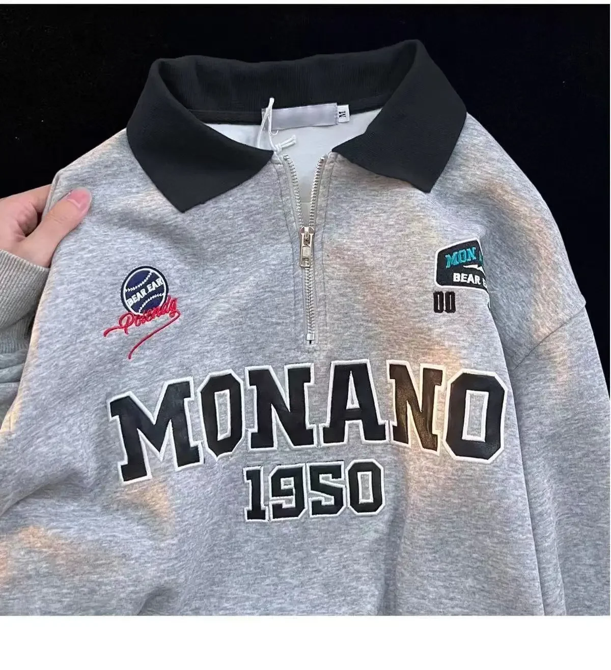 Women's Retro Fashion Zipper Cotton Super Oversized Jacket Male Loose Casual POLO Collar Embroidered Long Sleeve Sweatshirt