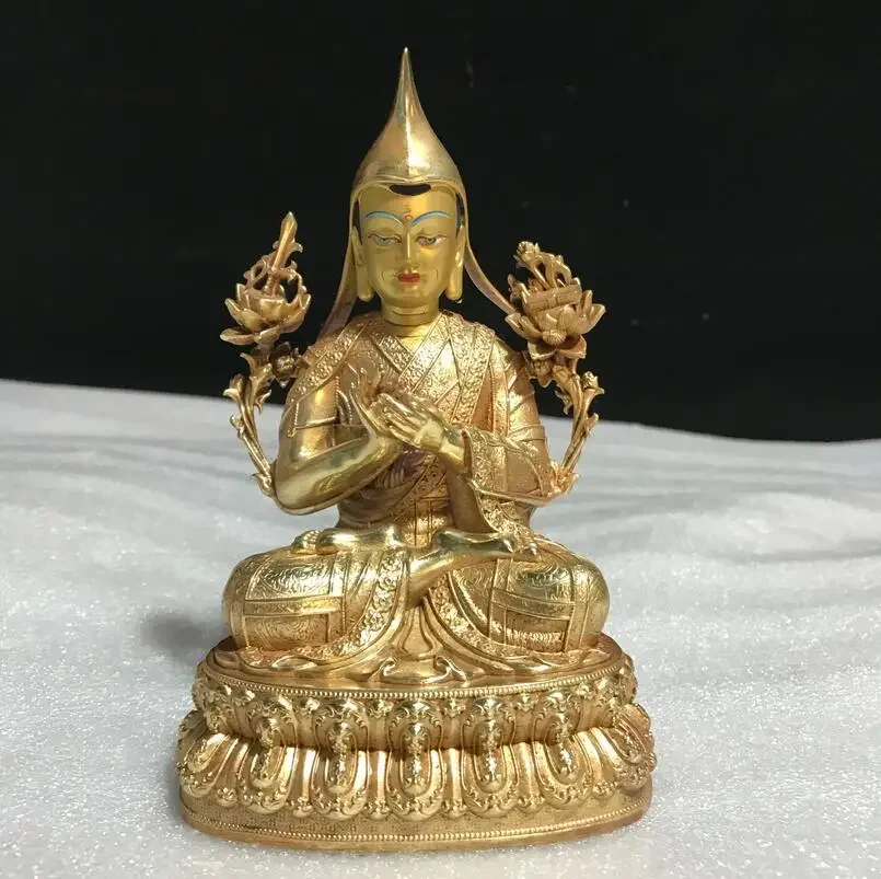 16cm Tibetan Craft Tantric Tsongkhapa Buddha Statue Tibetan Bronze Statue Pure Copper Gilt Ornament