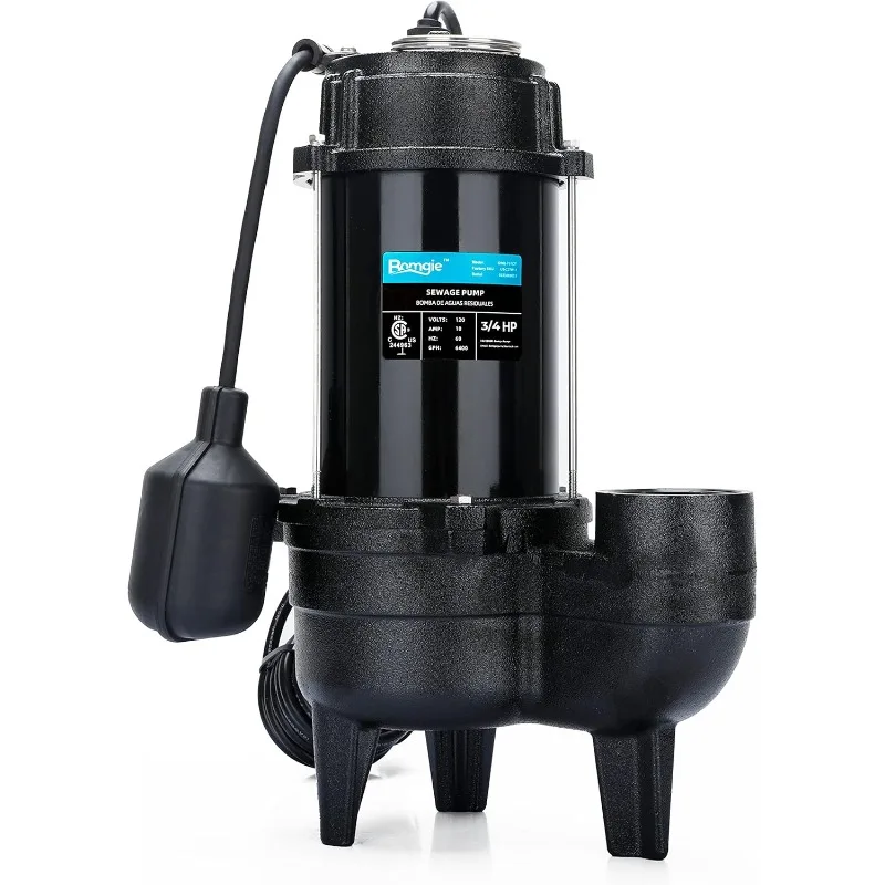 3/4 HP Sewage/Effluent Pump, 6400 GPH Submersible Basement Sewer Pump with 10ft Auto Float Switch, Cast Iron Sump Ejector Pump,