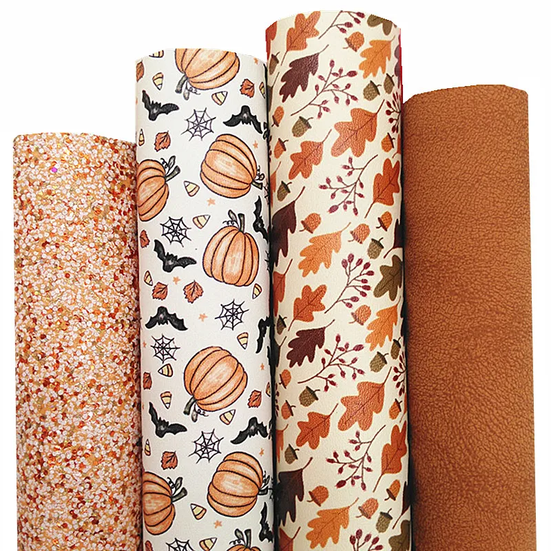 Fall Faux Leather Sheets Pumpkins Leaves printed Felt Backing Synthetic Leather Suede Faux Fabric For Bow DIY 21x29CM Q1475