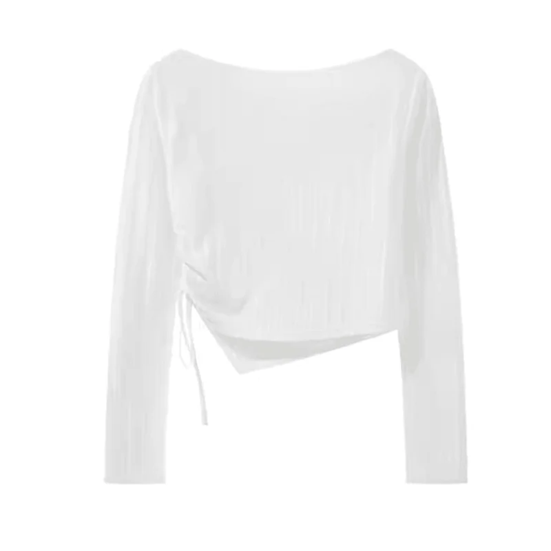 White Long Sleeve T-Shirt Women's Summer Design Sensation Drawstring Waist Gathered Hem Sweet And Spicy Women's Top