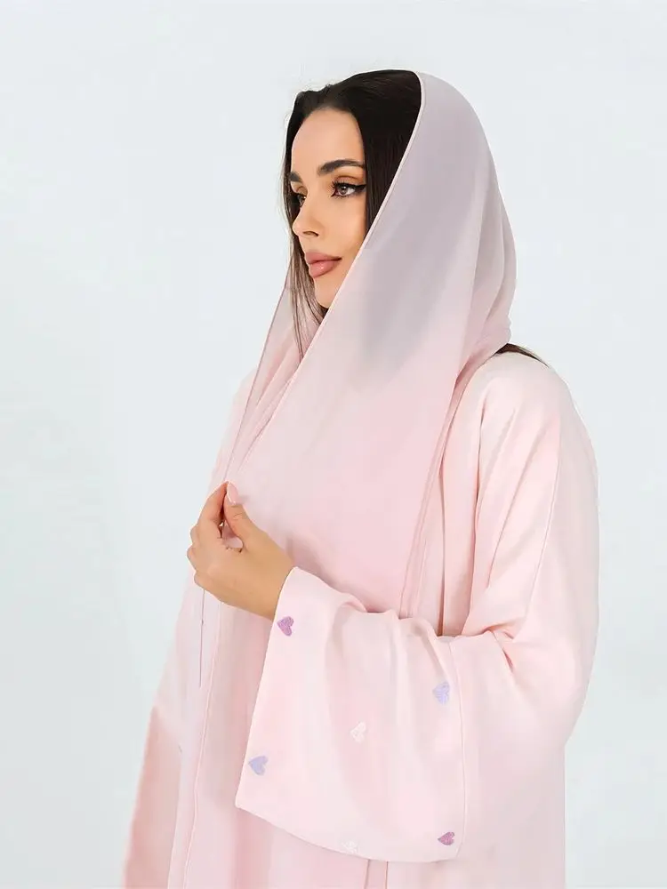 Fashion Love Heart Embroidery Open Plain Kimono Abaya for Women Dubai Luxury Muslim Kaftan Elegant Cardigan Islam Clothing 
