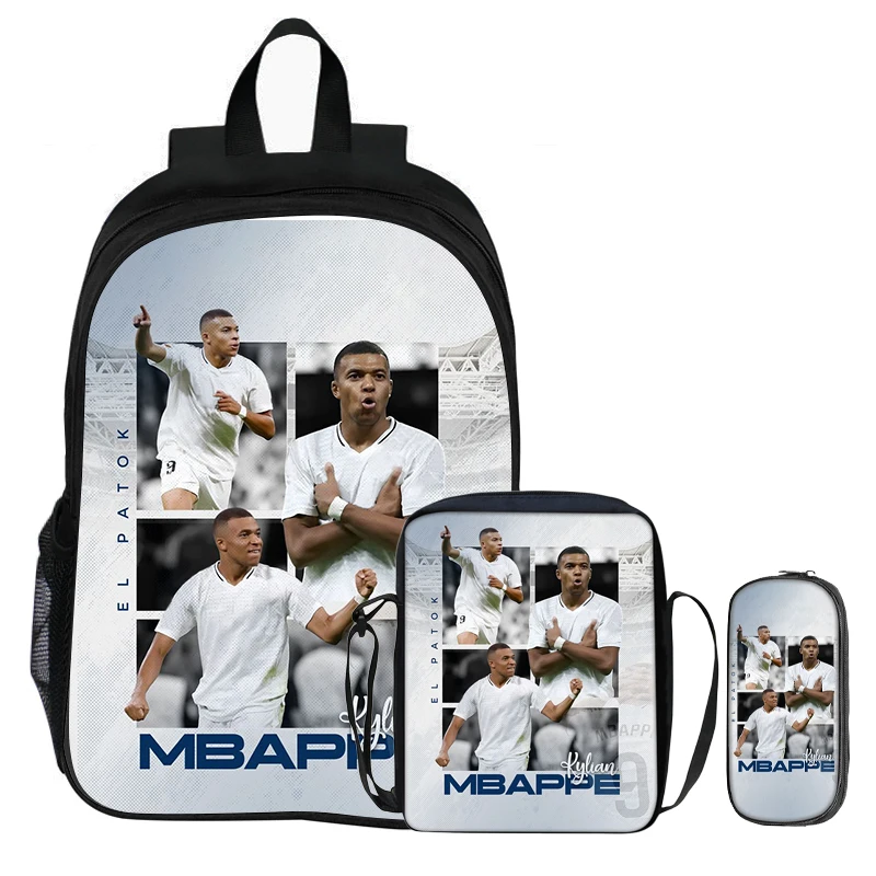 3Pcs Set Backpack Football Star Rucksack Best Gift Student School Shoulder Bag Pencil Bags M-Mbappe Kids Bookbag