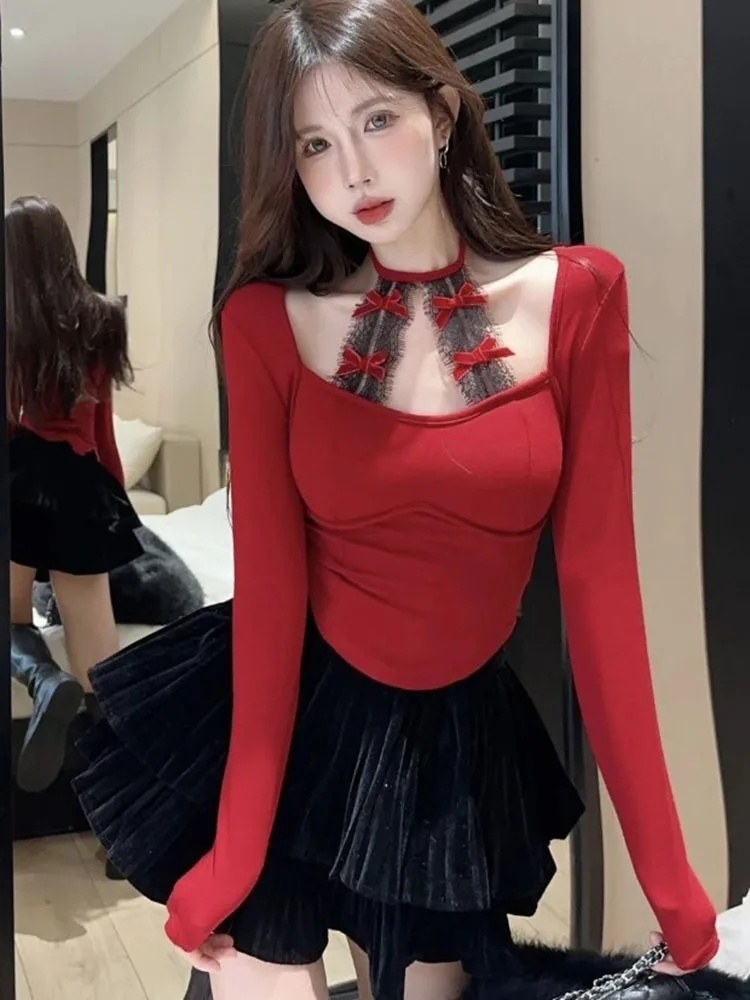 Damen-Spitzen-Langarm-Top, Herbst-Winter, schmale Passform, Weihnachten, rote kurze Bluse, elegantes, lässiges T-Shirt für tägliche Urlaubs-Outfits ​