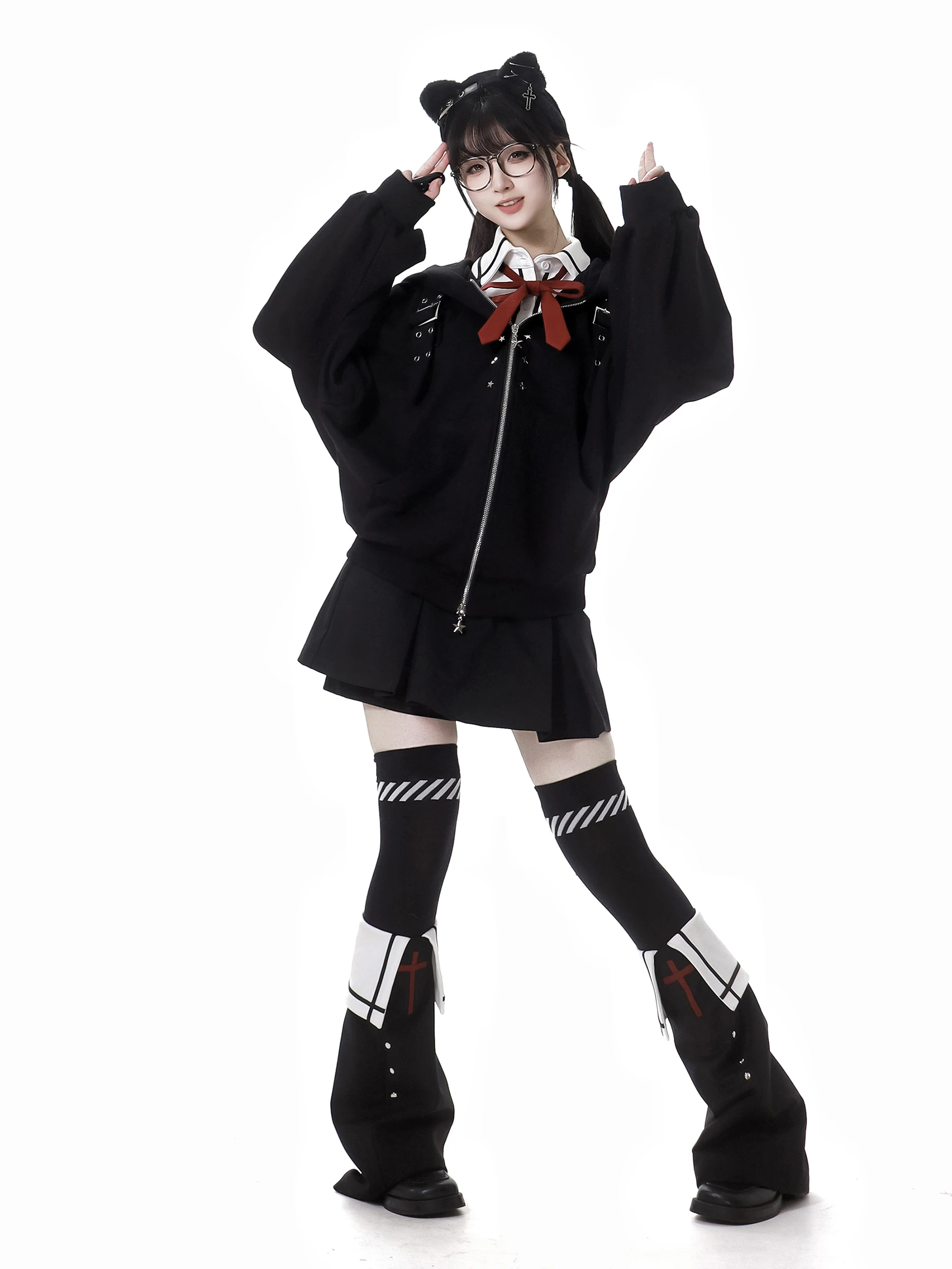 Subculture Loose Balck Hooded Jacket Women Autumn New Short Blazer White Long Sleeve High Waist Shirt Half Skirt Sets