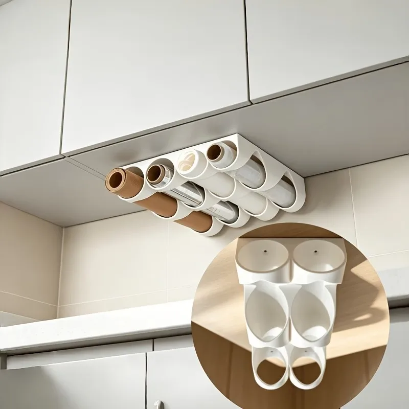 Hanging plastic wrap storage rack under the cabinet, kitchen roll rack, can store baking paper, baking pads, and plastic wrap.