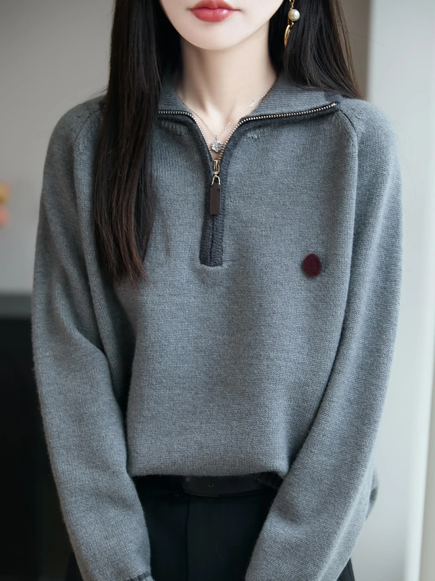 

Outlet Store f Zipper Knitted Wool Sweater Autumn Winter Flip Collar Base irt Women's Regular Thin Pure Color