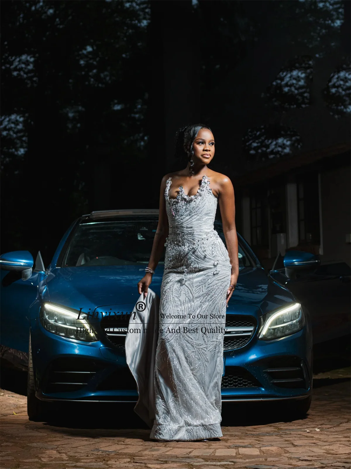 ドバイアフリカ人魚プロムドレス黒人少女のためのグリッタースパンコールクリスタルローブデソワレカスタマイズされたレースアップイブニングパーティードレス