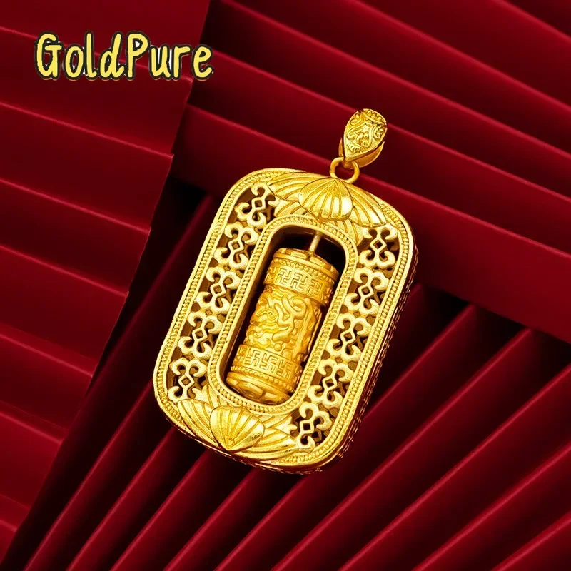 Goldpure Men's and Women's Retro Prayer Tube Pendant Necklace Pendant 9999 24K Real Gold Six Character Mantra Prayer Tube Pendan