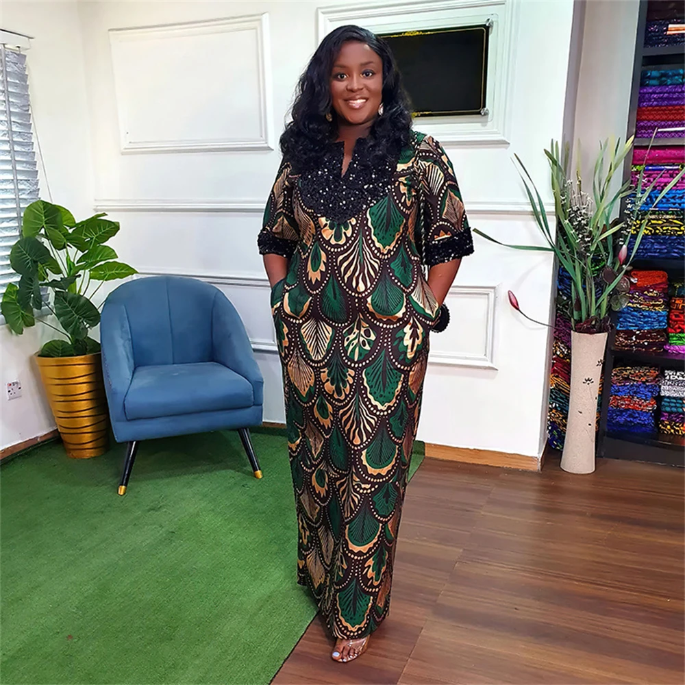 Sequins African Long Dresses for New Women 2025 Traditional Nigeria Flower Print Slit Ankara Dress Abayas Musulman Robe Clothing