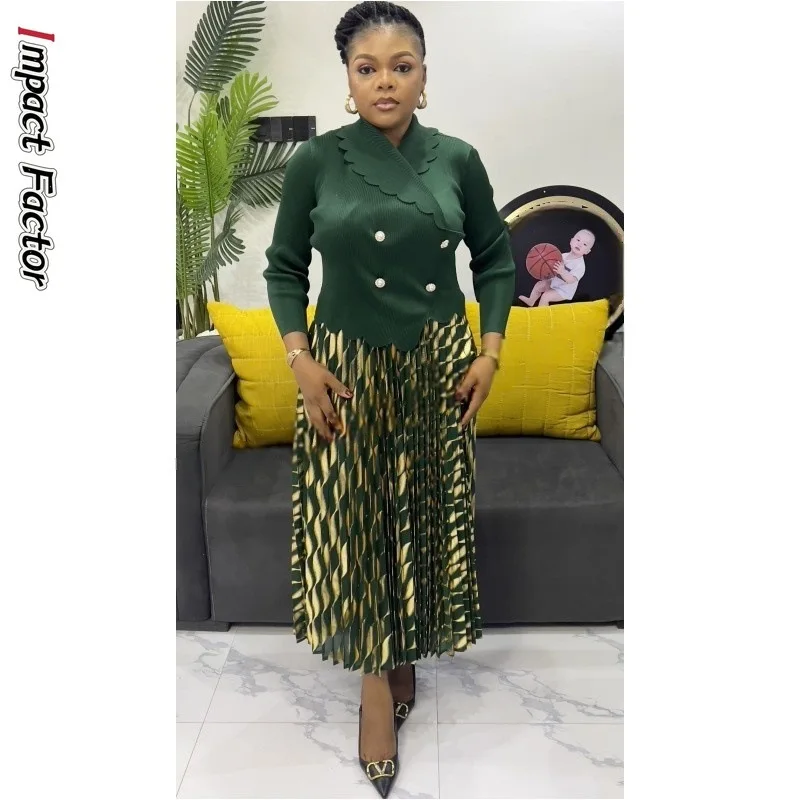

2025 Fashion Bronzing Loose Women's Pleated Dress Temperament Suit Collar Elegant Long Dress Summer New