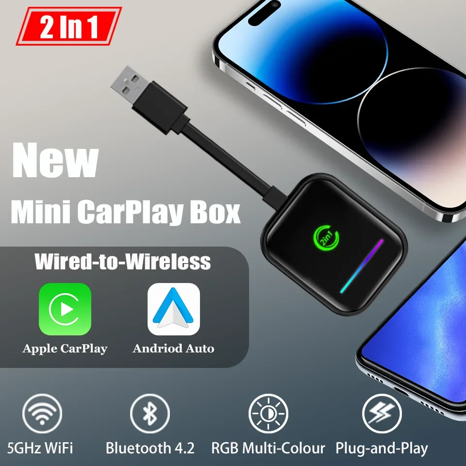 New Carplay Adapter Wireless Android Auto 2in 1 Smart Box 5G WIFI Wired to Wireless Plug & Play For Volvo Kia Toyota Skoda Mazda