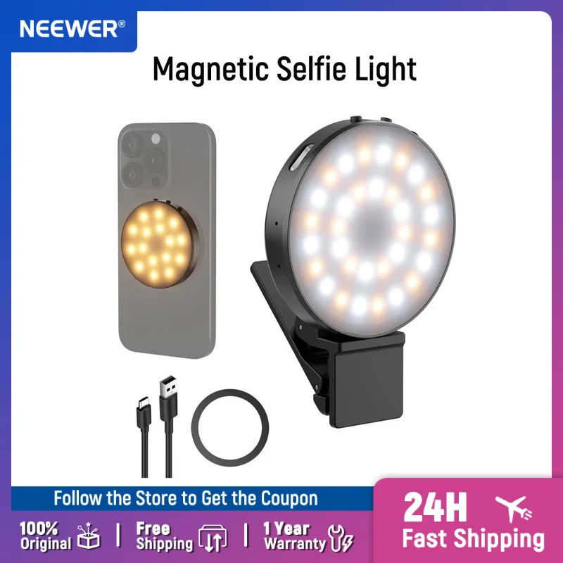 

NEEWER Magnetic Selfie Light Compatible with MagSafe iPhone, 1W Clip on Metal LED Phone Fill Ring Lighting for Video Recording