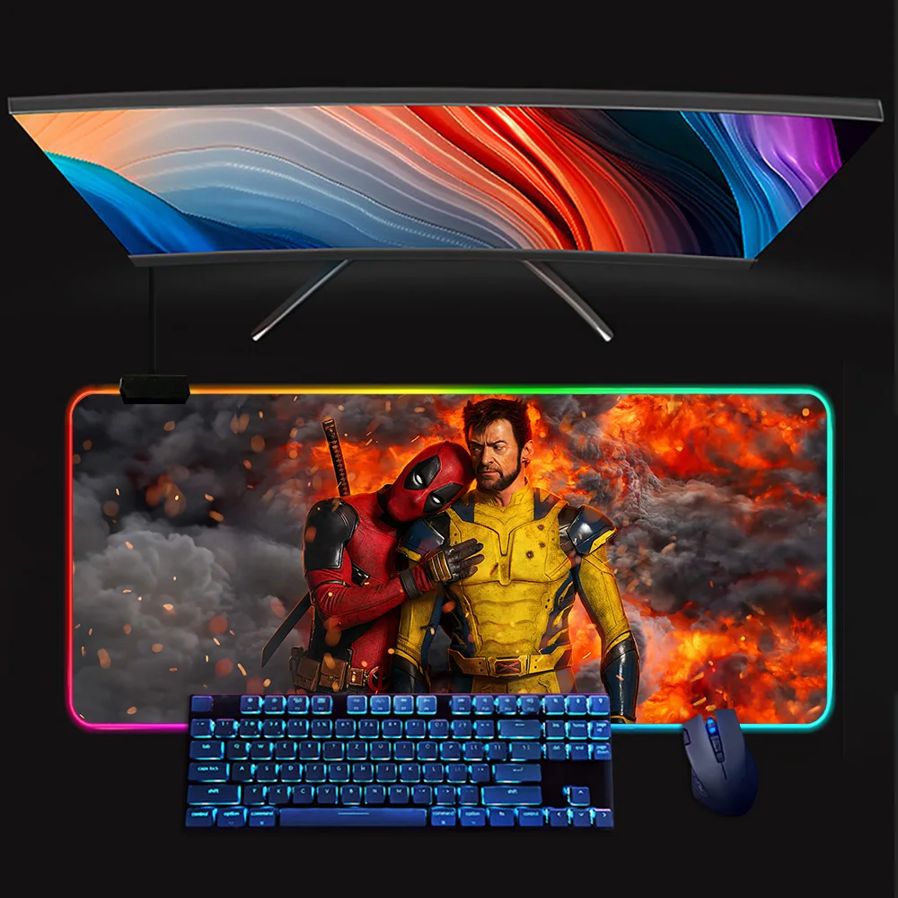 Marvel Deadpool and Wolverine RGB Pc Gamer Keyboard Mouse Pad Mousepad LED Glowing Mouse Mats Rubber Gaming Computer Mausepad