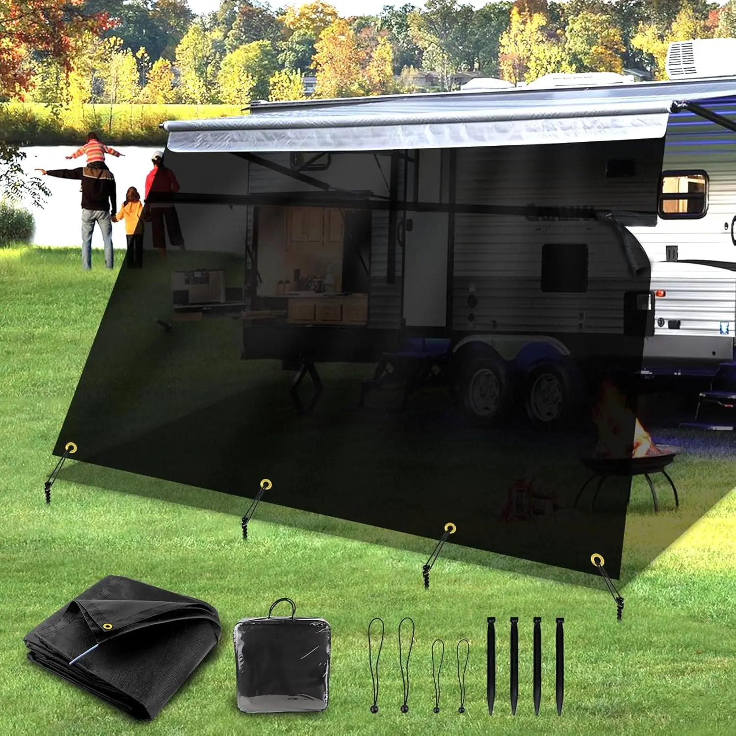 

9'x15'3" RV Awning Shade Screen with Zipper, Black 230GSM 600D Mesh Blocks 88% Sunlight