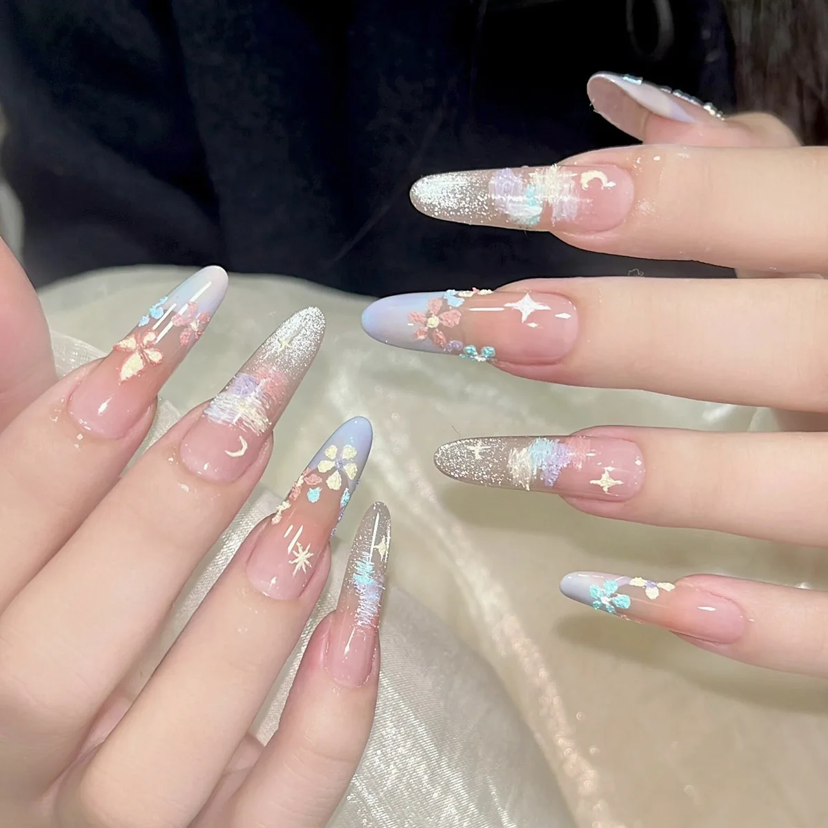 

24Pcs Long Almond Press on Nails - Candy Color Graffiti with Flowers, Galactic Cat Eye, Glitter Stars and Moon