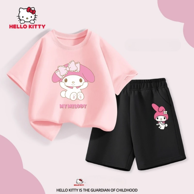 

Sanrio, летний комплект хлопковой одежды для маленьких девочек, детские футболки с короткими рукавами и принтом с помпонами, топ и шорты, костюм, наряды