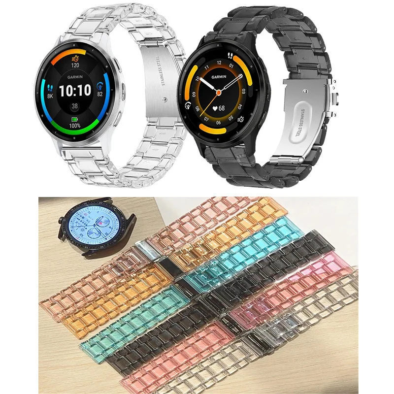 22 20mm For Garmin Vivoactive 3 4 5 6 Venu 2 Plus 3 4 SQ 2 Forerunner 570 42 47 55 158 245 645 165 255 265 970 Clear Resin Strap