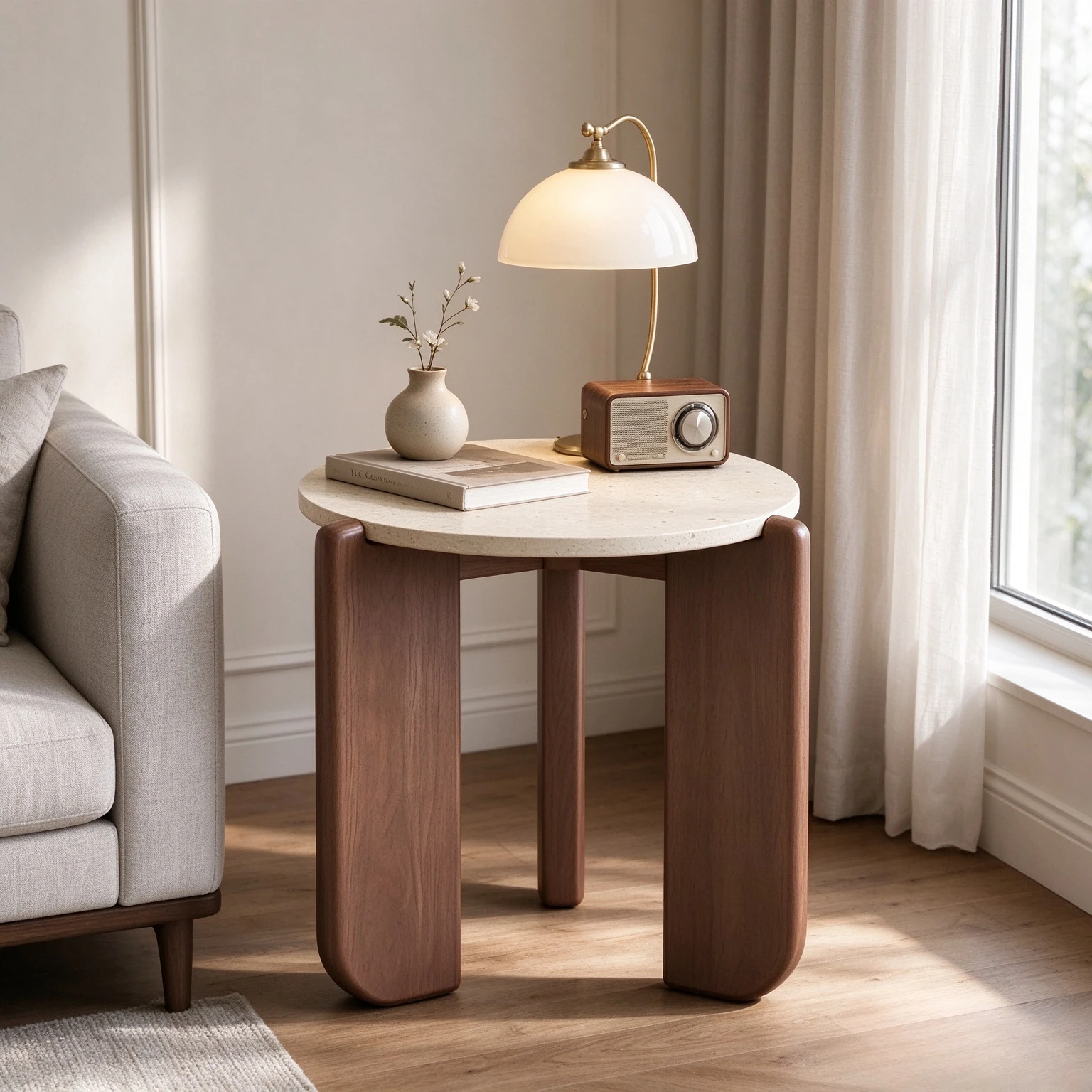 Solid Wood Round Side Table with Stone Accent, Vintage End Table Nightstand for Living Room, Bedroom and Small Apartment Decor